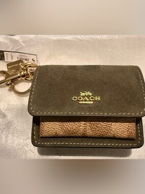 COACH  Olive Suede Key Wallet with Brown Accent charm